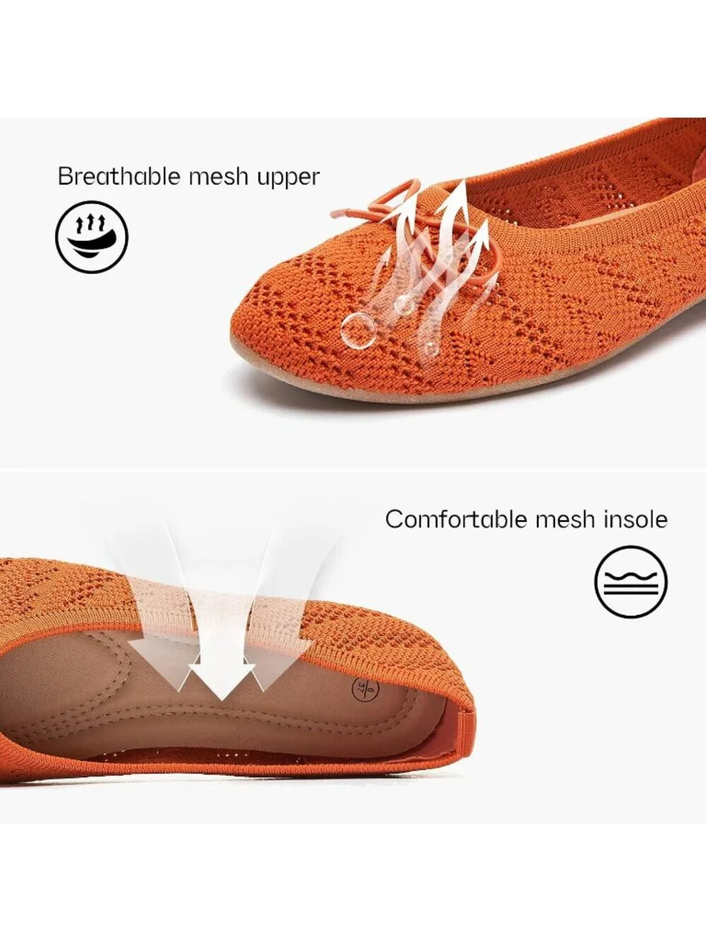 Women's Orange Crochet Lace Round Toe Solid Comfortable Low Heel Ballet Flats